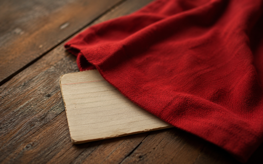 A red cloth partially covering a worn notecard on a rustic wooden table, symbolizing forgiveness, grace, and releasing pain through Christ.