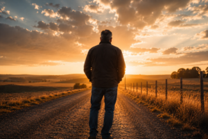 A man standing on a road at sunrise representing faith, survival, and being broken and restored by God