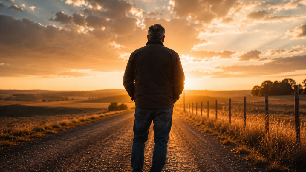 A man standing on a road at sunrise representing faith, survival, and being broken and restored by God