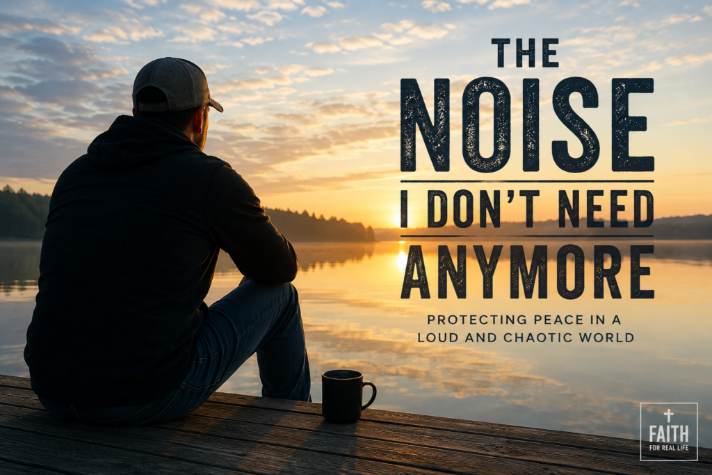 A man sitting quietly on a wooden dock at sunrise, looking over a calm lake with the words The Noise I Don’t Need Anymore.