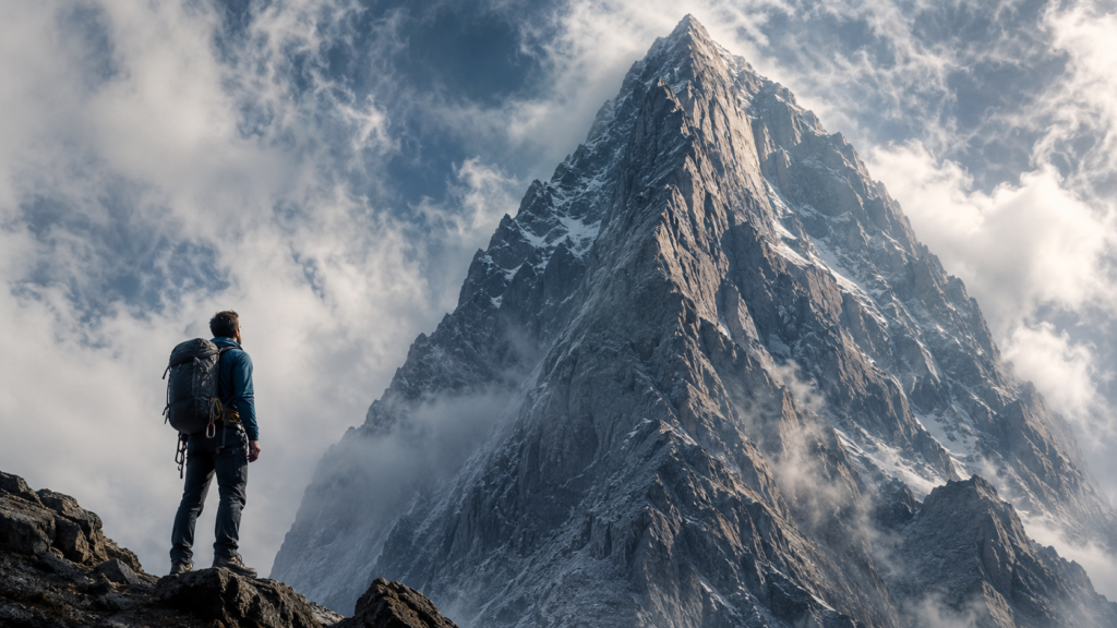 A man standing before a giant mountain symbolizing faith, prayer, and trusting God through impossible circumstances.