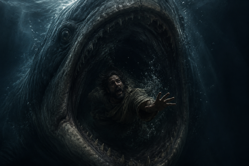 Jonah being swallowed by a great fish.