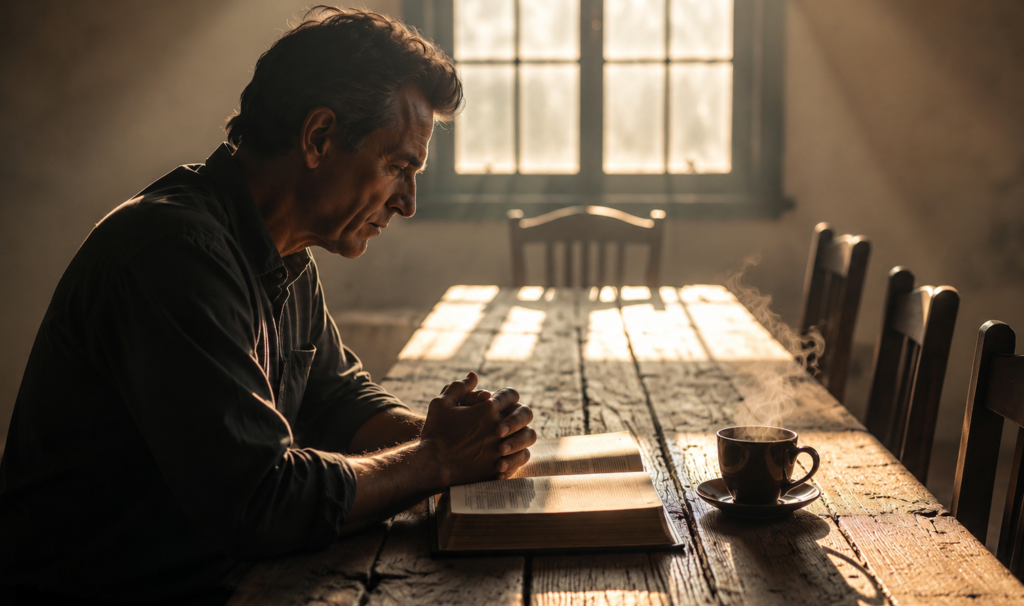 A man sitting at a wooden table with an open Bible, coffee, and empty chairs, reflecting on wisdom, discernment, and who gets a voice in his life.