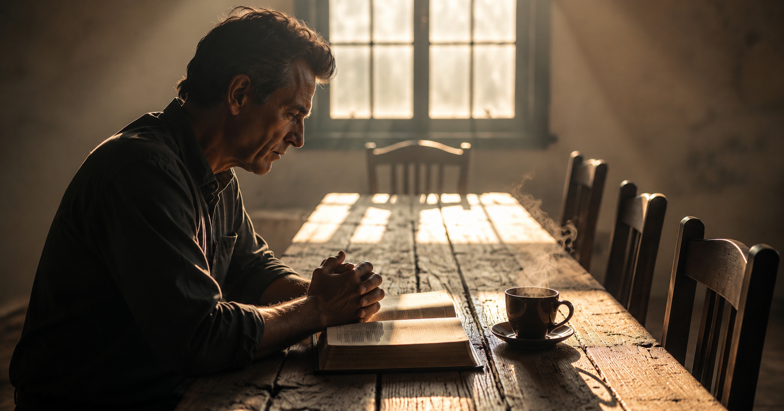 A man sitting at a wooden table with an open Bible, coffee, and empty chairs, reflecting on wisdom, discernment, and who gets a voice in his life.