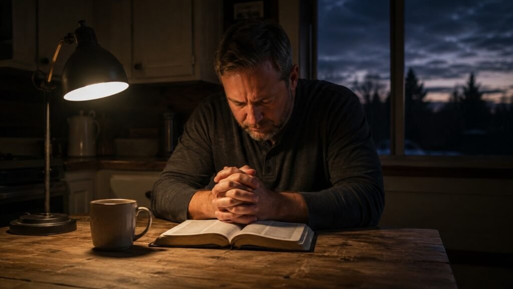 Middle-aged man praying over an open Bible at a kitchen table before sunrise