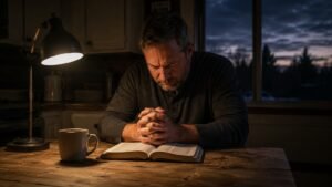 Middle-aged man praying over an open Bible at a kitchen table before sunrise