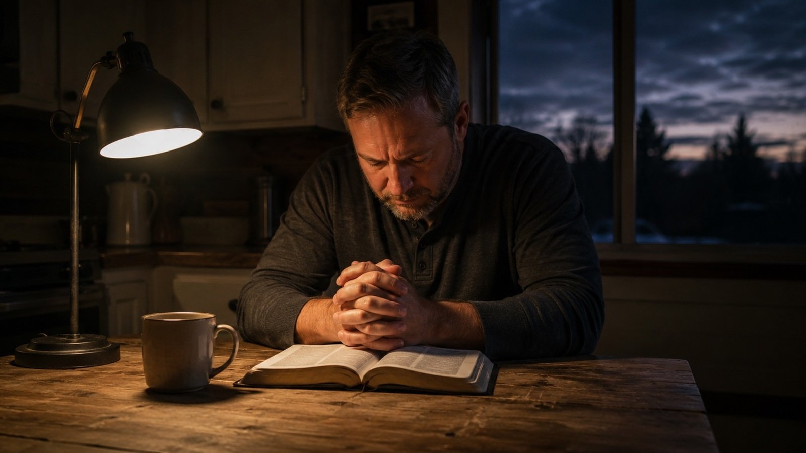 Middle-aged man praying over an open Bible at a kitchen table before sunrise