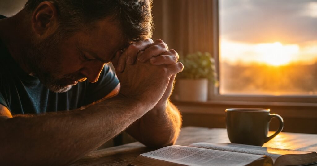 A man praying quietly over an open Bible beside a cup of coffee during a peaceful sunrise.