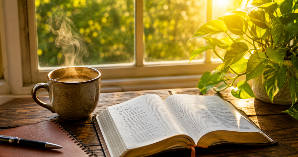 Steaming coffee mug beside an open Bible turned to Psalm 23, sunlit window with green plants, representing a quiet morning devotional