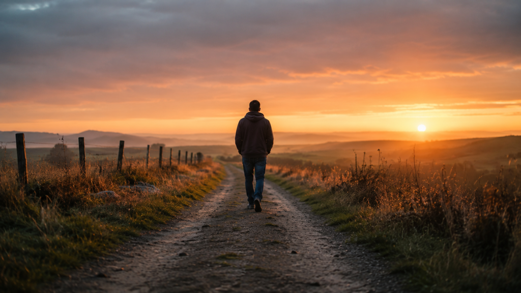 Man walking alone on a path at sunrise, representing staying steady in faith