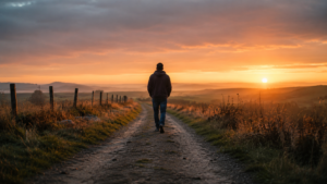 Man walking alone on a path at sunrise, representing staying steady in faith