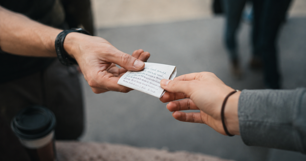 A man handing a folded handwritten note to another person outdoors, representing the quiet passing on of influence