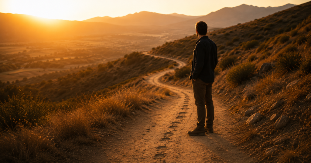 A man looking back over his shoulder at footprints along a winding path in golden light, symbolizing prayers only recognized in hindsight
