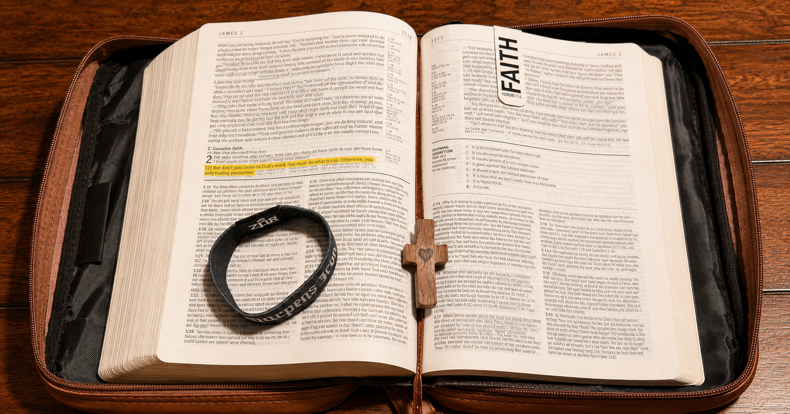 Iron Sharpens Iron Scripture bracelet resting on an open Bible, highlighted at James 1:22, next to a wooden cross