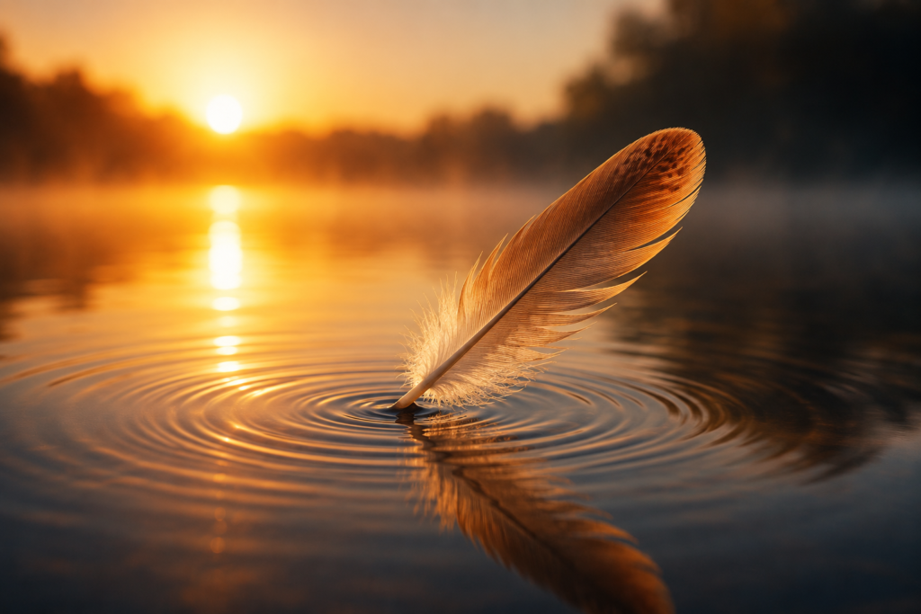 Feather touching still water at sunrise, ripples spreading outward