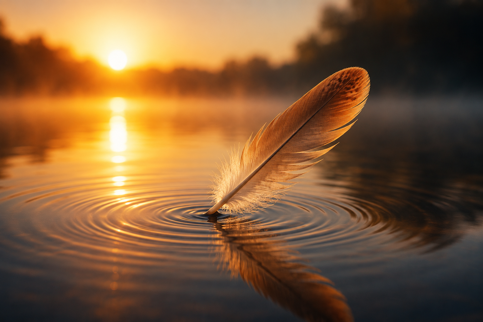 Feather touching still water at sunrise, ripples spreading outward