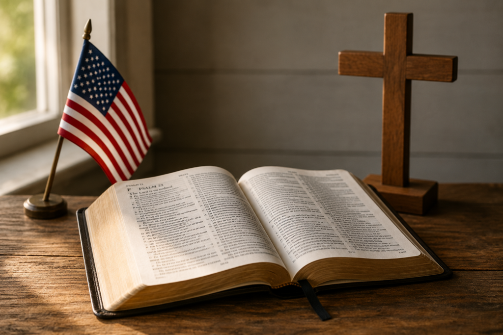 Open Bible, American flag, and wooden cross on a table, representing freedom to worship
