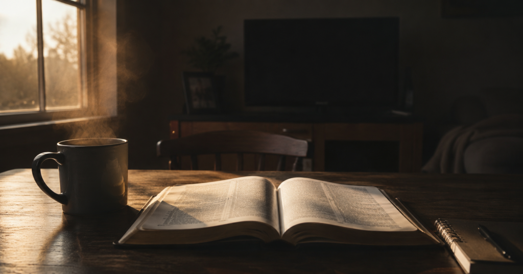 Open Bible and coffee mug at sunrise — a quiet space to quiet the noise, with a dark TV in the background