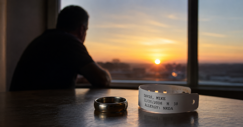 Wedding ring beside a hospital ID bracelet on a table, with a man looking out at the sunrise, symbolizing survival and faith after a widow maker heart blockage