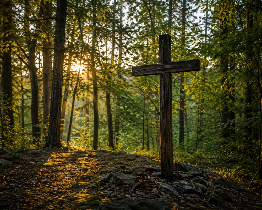 A weathered wooden cross stands in a quiet forest as sunlight shines through the trees, symbolizing prayer, surrender, and God's grace.