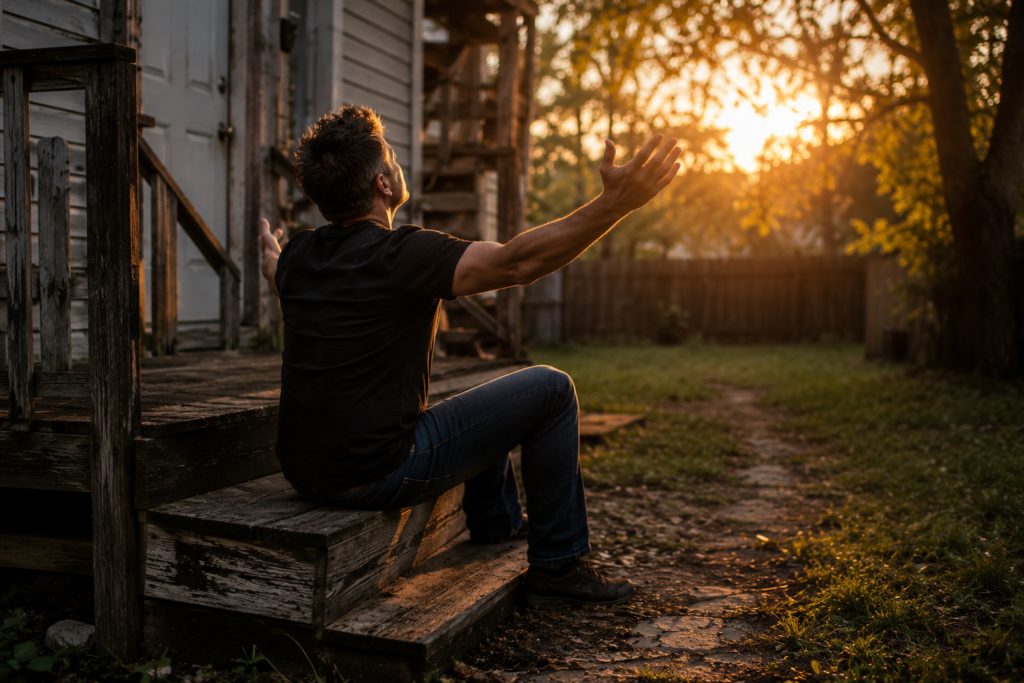 A man with spiky hair sits on the weathered wooden steps of a small backyard apartment, raising his hands in praise to God as golden evening sunlight shines through the trees.