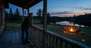 A man standing alone on a porch at dusk, watching a group of friends gathered around a fire pit in the distance