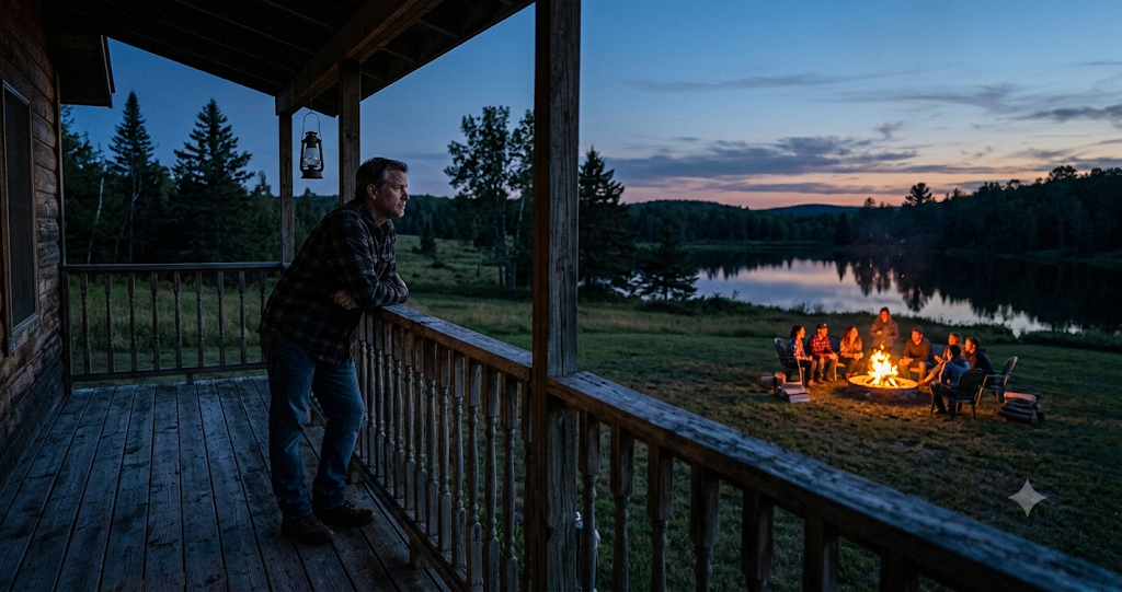 A man standing alone on a porch at dusk, watching a group of friends gathered around a fire pit in the distance