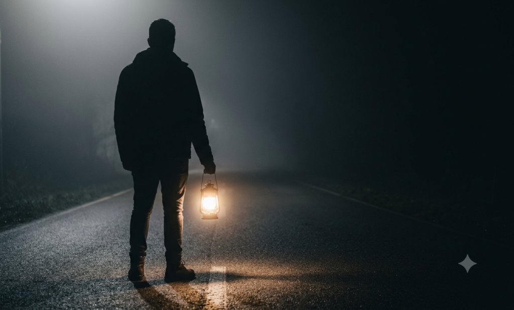 A man silhouetted on a foggy road at night, holding a glowing lantern that lights only the path a few steps ahead