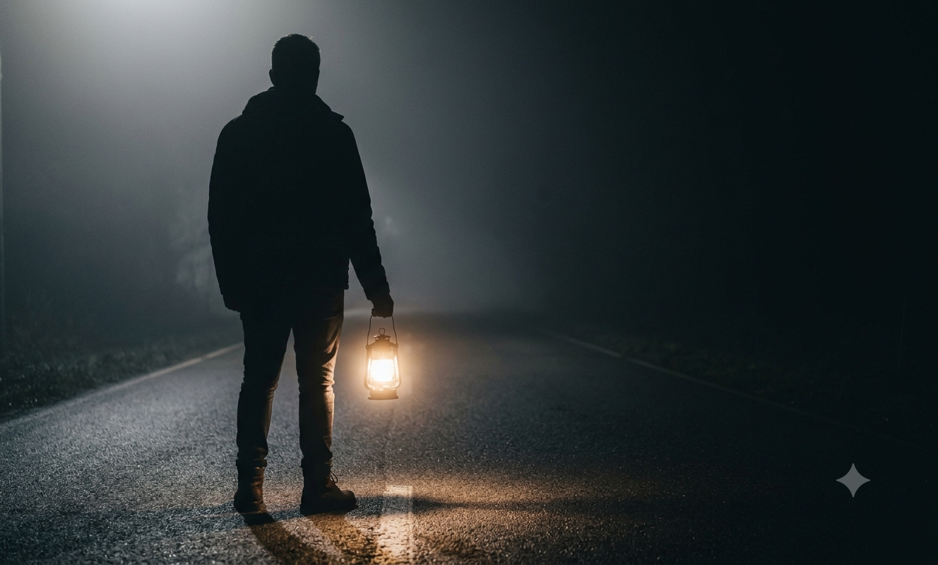 A man silhouetted on a foggy road at night, holding a glowing lantern that lights only the path a few steps ahead