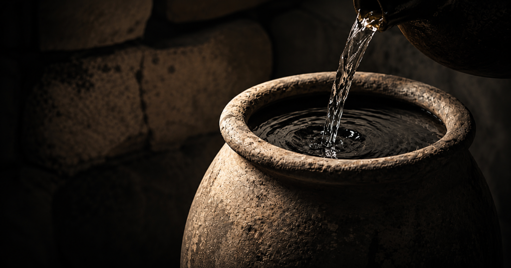 Water poured into a stone jar, picturing the choice to wait on God or move in faith like the servants in John 2