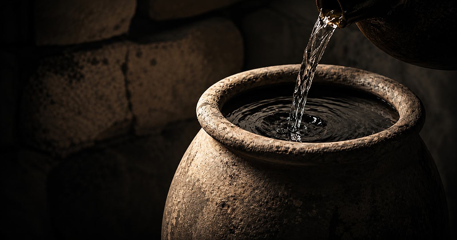 Water poured into a stone jar, picturing the choice to wait on God or move in faith like the servants in John 2