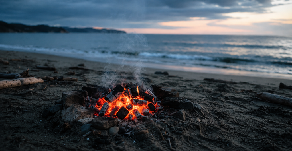 Glowing charcoal fire on a beach at dawn, reflecting Peter’s denial and restoration by Jesus