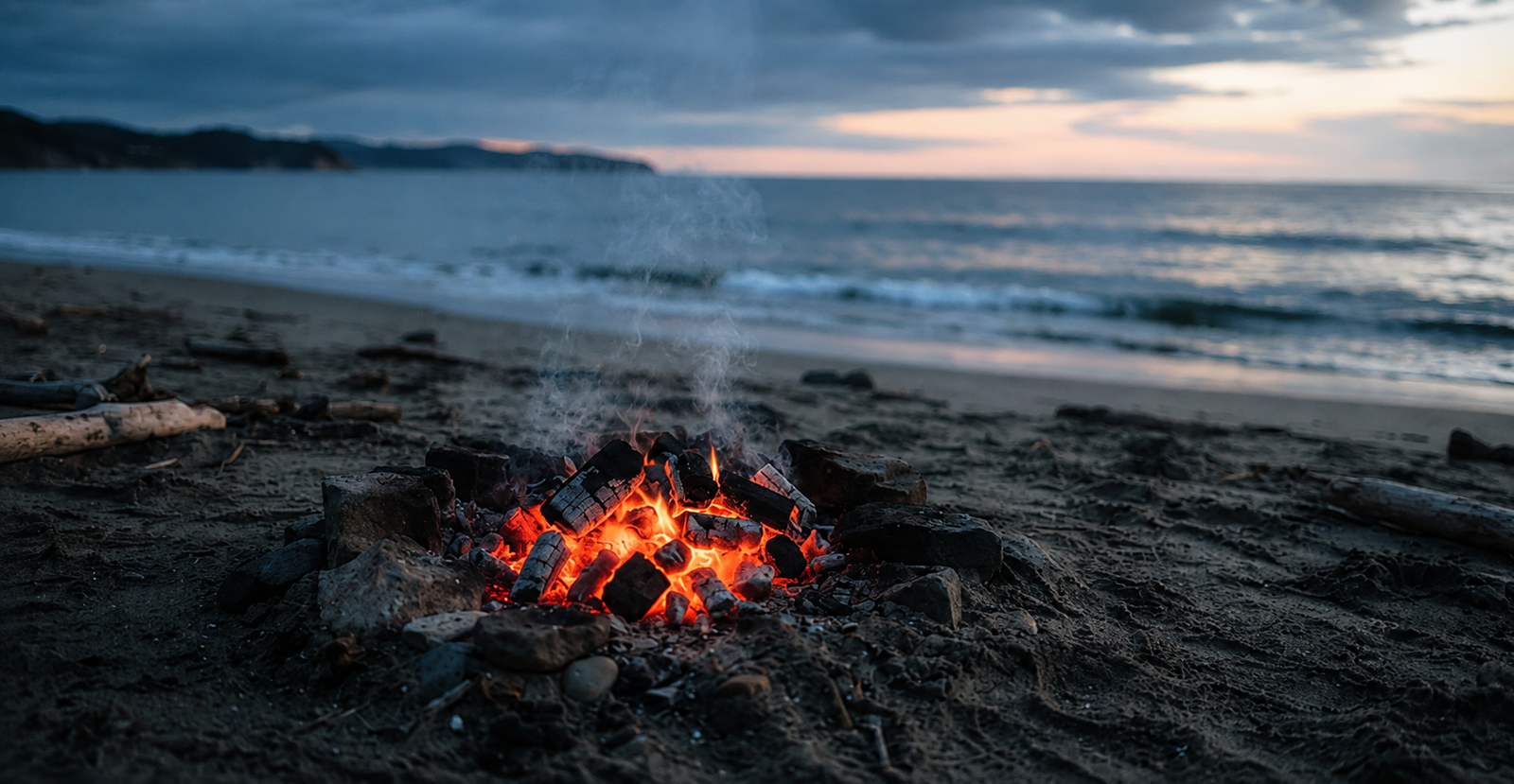 Glowing charcoal fire on a beach at dawn, reflecting Peter’s denial and restoration by Jesus
