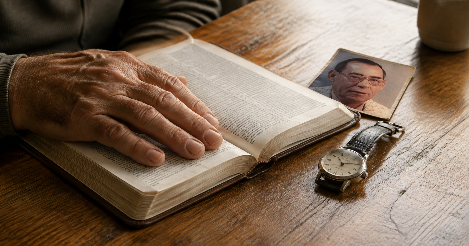 Older man’s hand resting on an open Bible beside a wristwatch and photograph of his father, reflecting on the time God has given him.