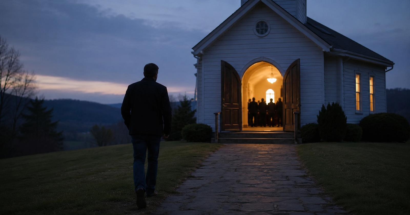 A man walking toward a warmly lit church at dusk, illustrating what it means to follow Jesus without a church versus stepping into community