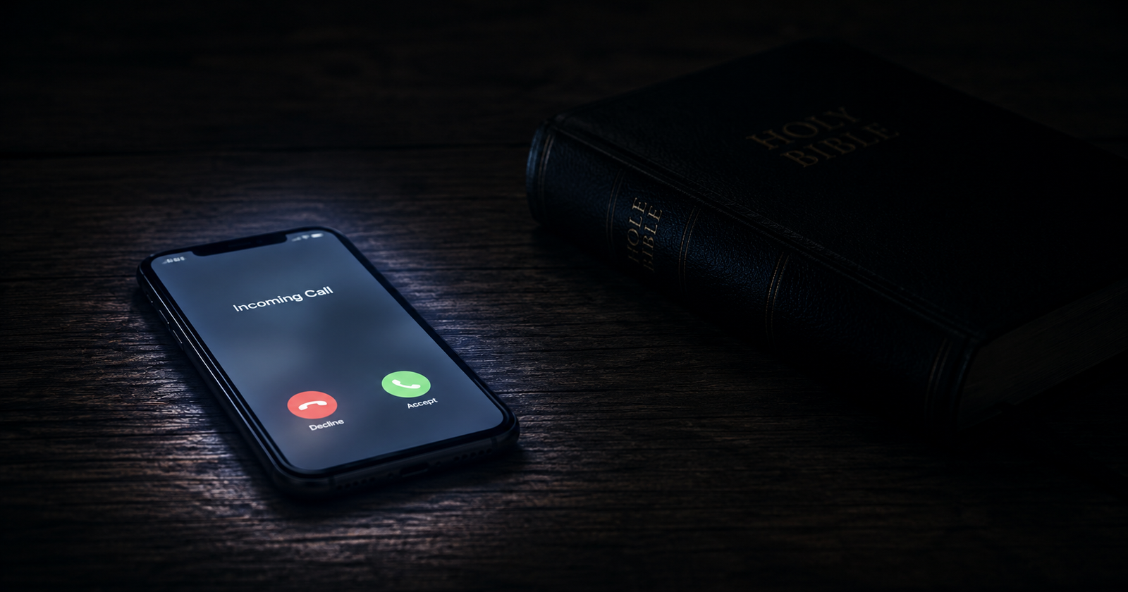 Incoming phone call beside a Bible, symbolizing the moment faith is tested by difficult news