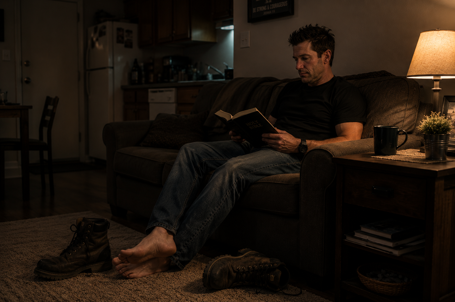 A Christian man sits quietly in his small apartment after work reading his Bible, reflecting on surrendering his marriage to God.