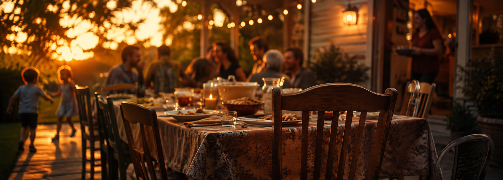 Extended family gathered around an outdoor dinner table at sunset, the kind of togetherness families drift away from without meaning to