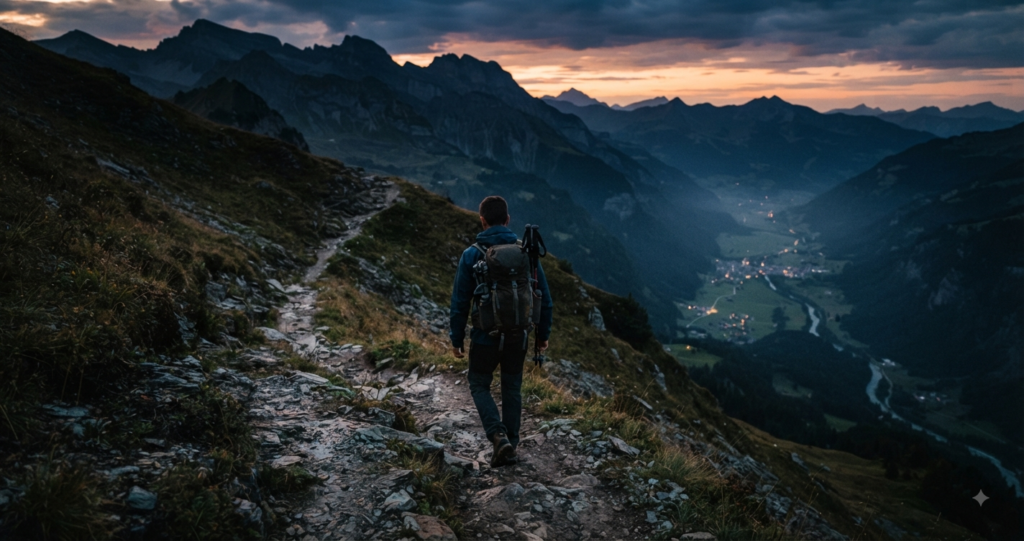 Man descending a rocky mountain trail at dusk, a lit valley visible below.