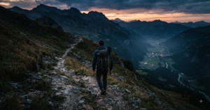 Man descending a rocky mountain trail at dusk, a lit valley visible below.