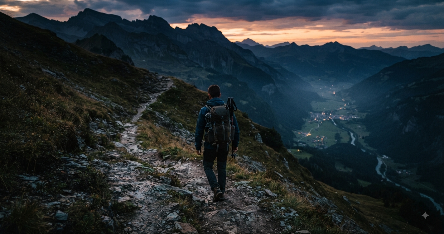 Man descending a rocky mountain trail at dusk, a lit valley visible below.