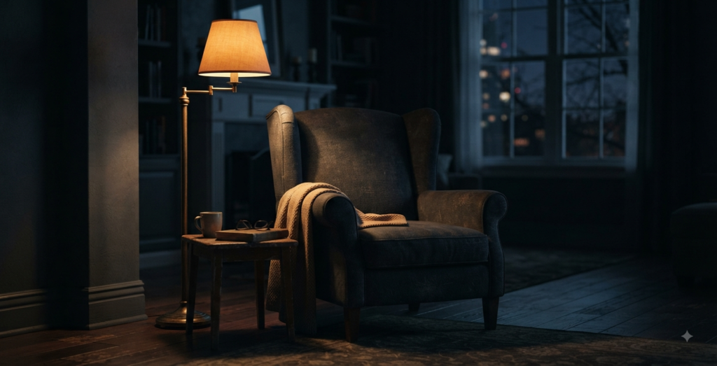 Empty armchair lit by a warm lamp in a dark, quiet living room at night