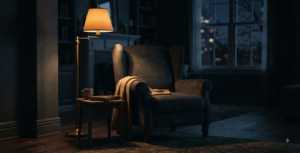 Empty armchair lit by a warm lamp in a dark, quiet living room at night
