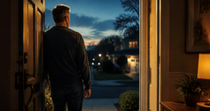 A man standing in his doorway at dusk looking out at the neighborhood, illustrating protecting your peace without walking away from home