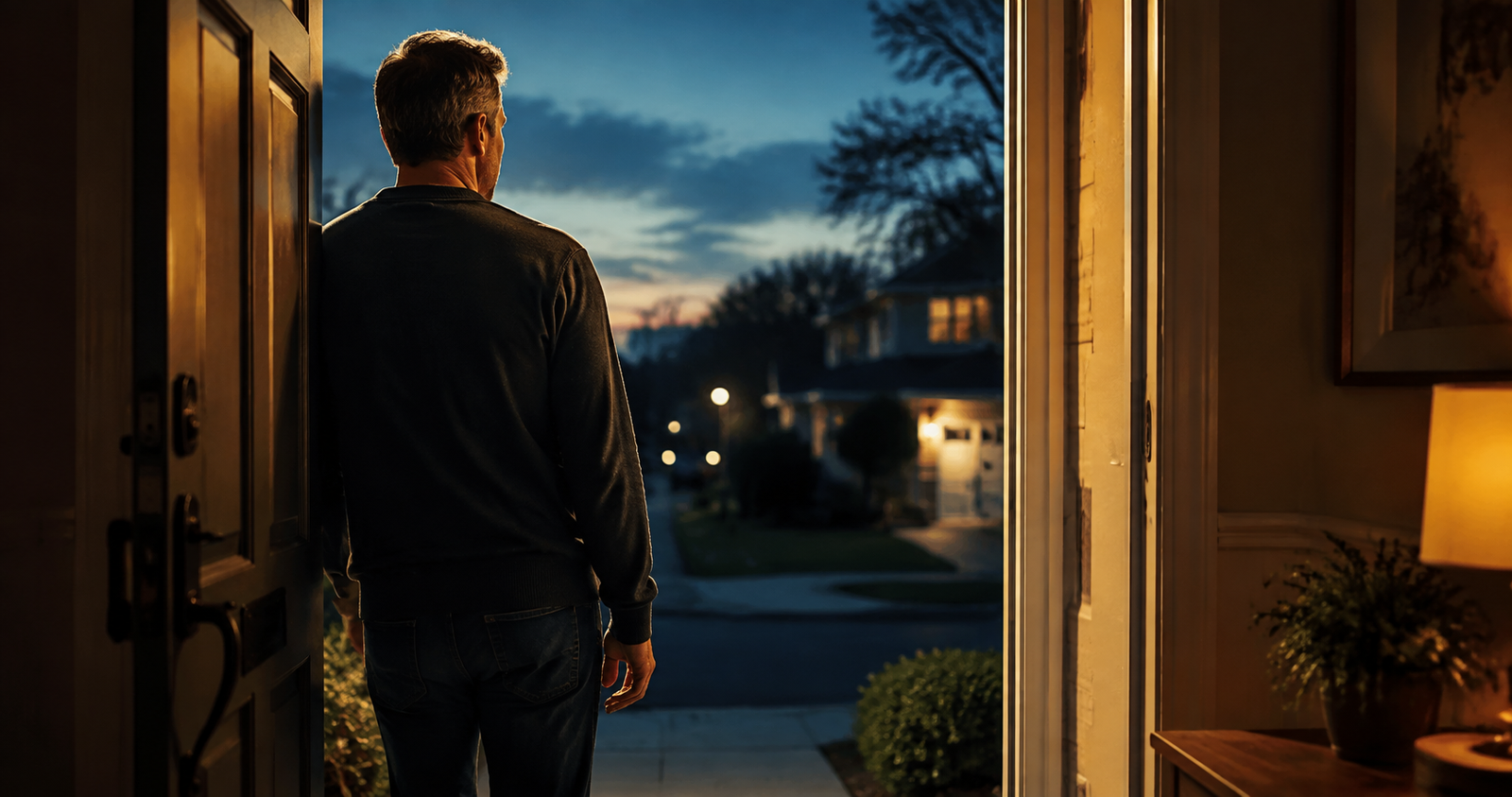 A man standing in his doorway at dusk looking out at the neighborhood, illustrating protecting your peace without walking away from home