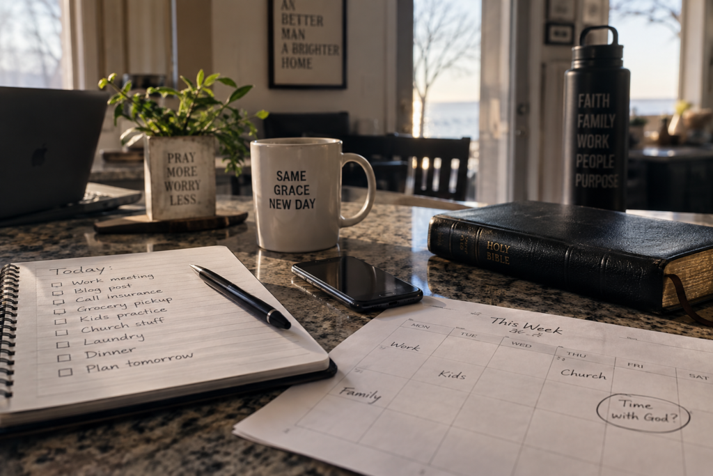 A weekly calendar and to-do list with "Time with God?" circled among work, kids, and church