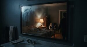 A dark bathroom mirror reflecting a dim bedroom, a man's silhouette walking out of frame.
