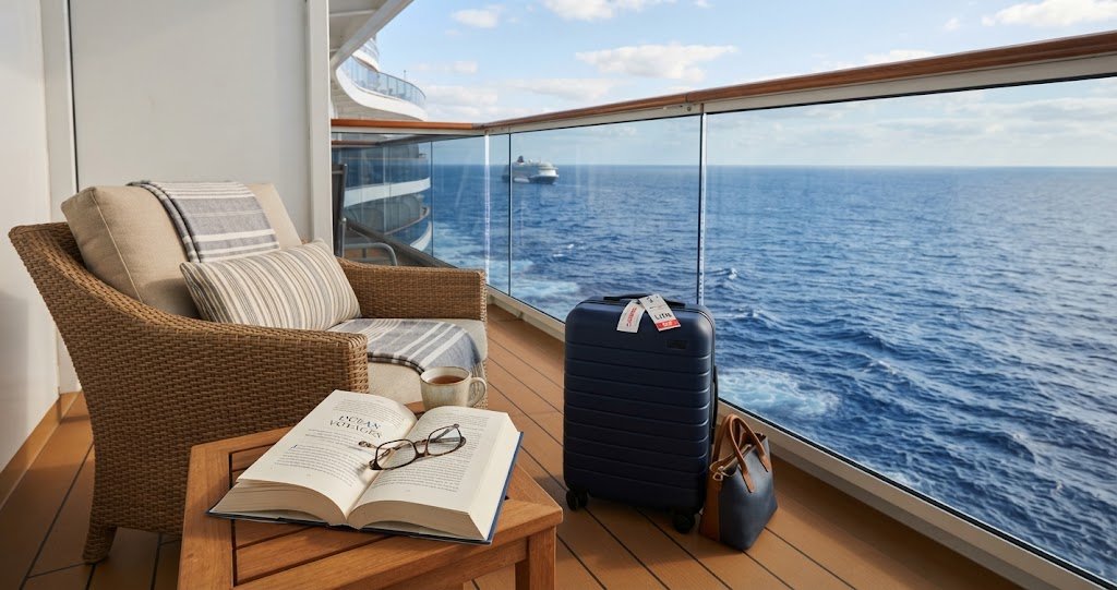 A cruise ship balcony with a chair, coffee, and an open book beside a suitcase overlooking the ocean