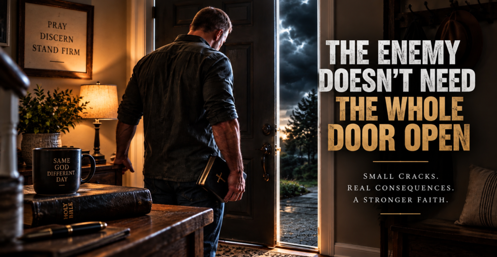 Man holding a Bible at a partially open door during a storm, representing spiritual warfare and standing firm in faith.