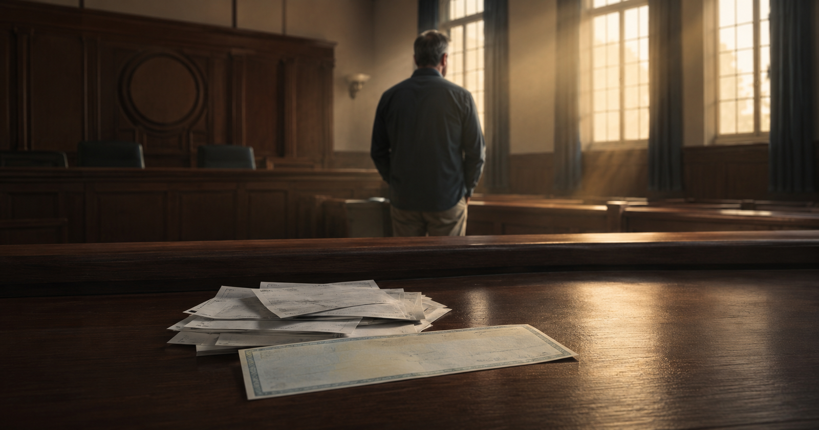 Payment receipts and a cashier’s check on a courtroom bench as a man stands in the distance after being falsely accused.